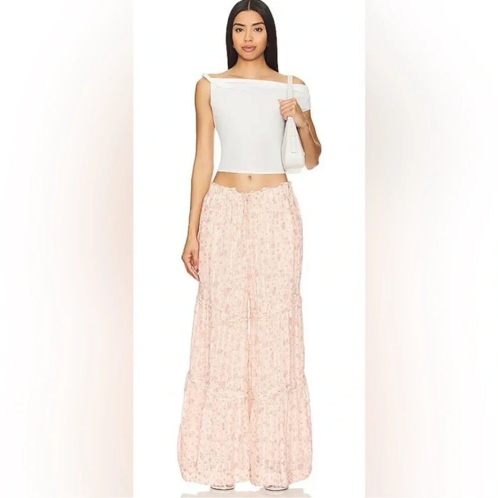 Free People Emmaline Tiered Wide Leg Pull On Pant Pink Size Small - Picture 5 of 10